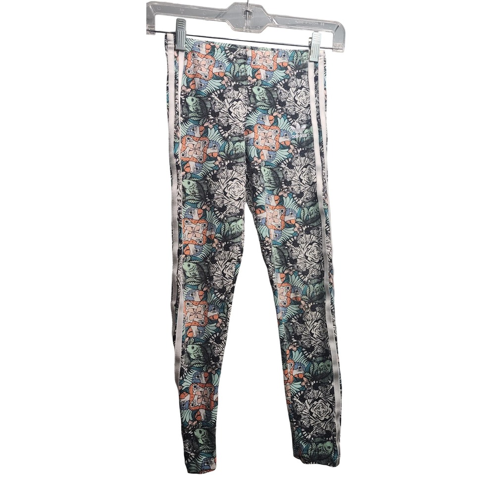 Adidas Kids Girls Leggings Pants Tropical Print Logo 3 Stripes Size 9 10Y S